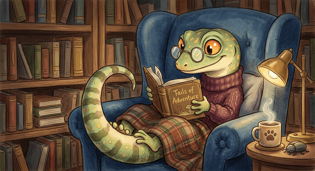 Gecko wearing glasses and sweater reading a book titled Tails of Adventure in a blue armchair