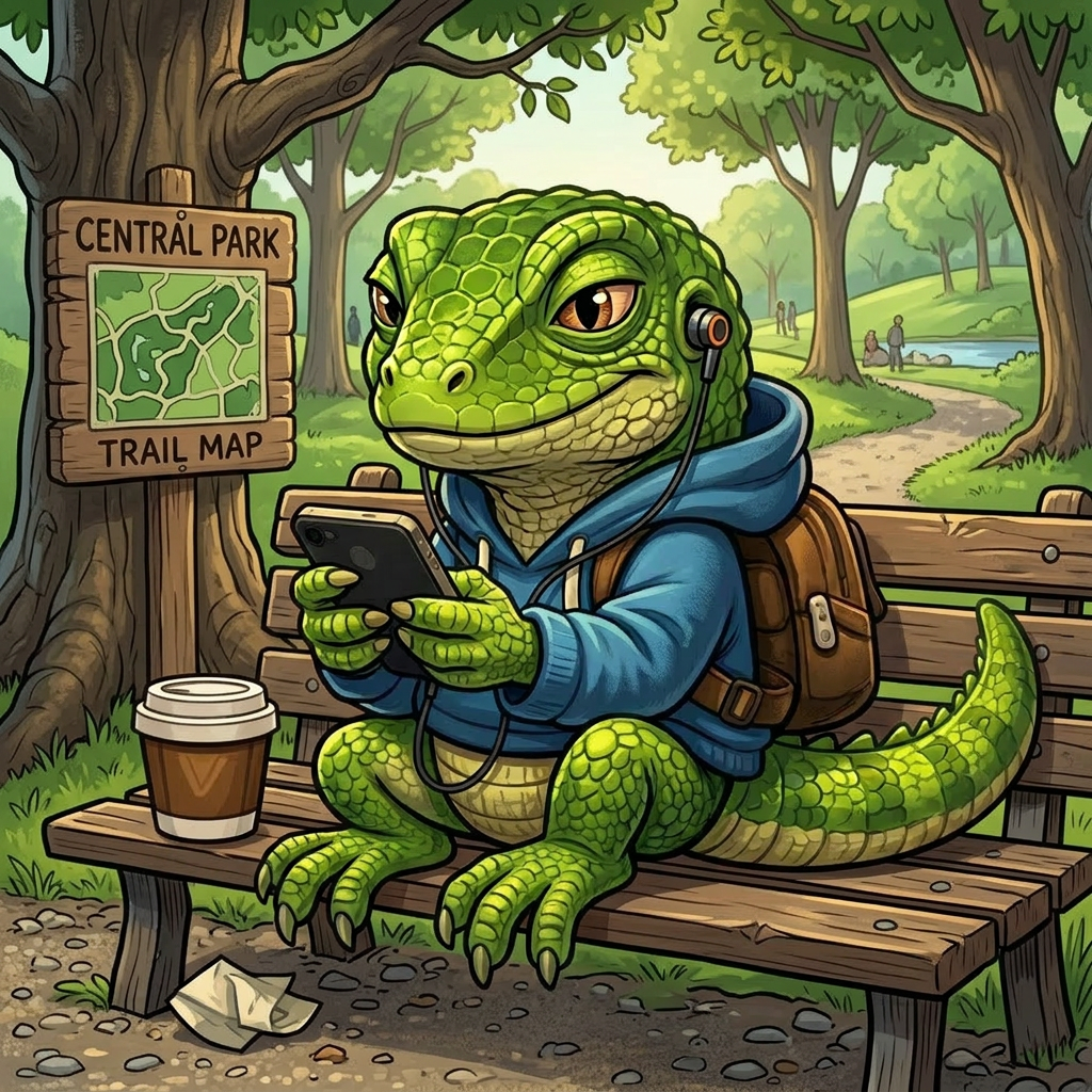 Cartoon lizard wearing a blue hoodie and headphones, sitting on an orange subway seat holding a smartphone, with a coffee cup beside it.