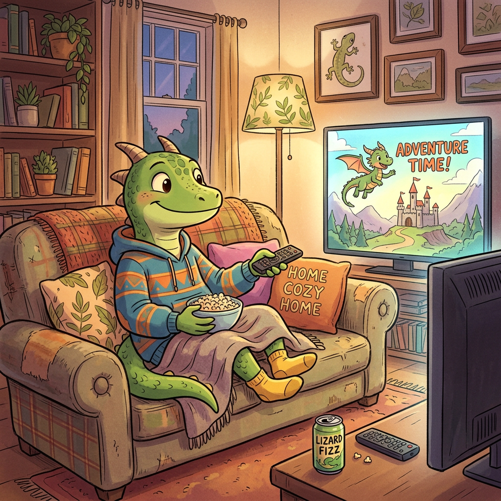 A cartoon dragon sitting on a couch, holding a bowl of popcorn and a remote, watching a TV with 'Adventure Time!' screen