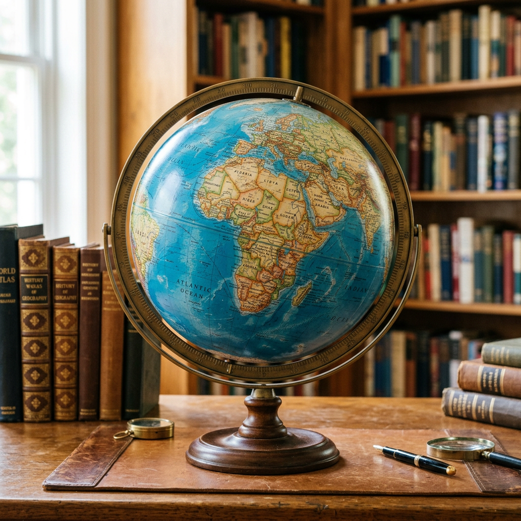 Vintage globe showing continents with books and a pen on a wooden desk